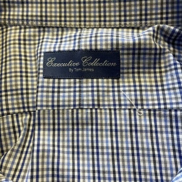 Executive Tom James Men XL Long Sleeve Button Front Shirt Blue Brown Micro Check - Picture 5 of 7